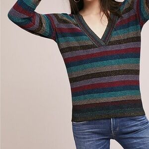Anthropologie Red and Blue V-Neck Sweater